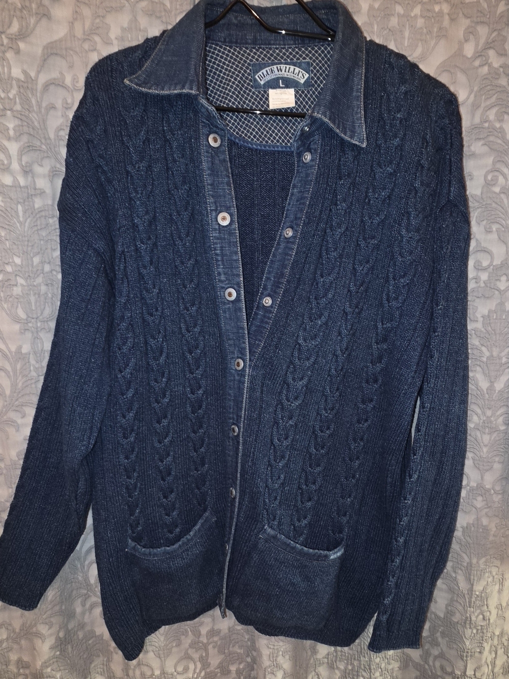 Vintage Blue Willi's Cable Knit Denim Look Cardigan Shirt Jacket Size Large Made
